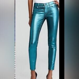 7 For All Mankind NEW Skinny Liquid Shiny Metallic Teal Green Coated Jeans 23